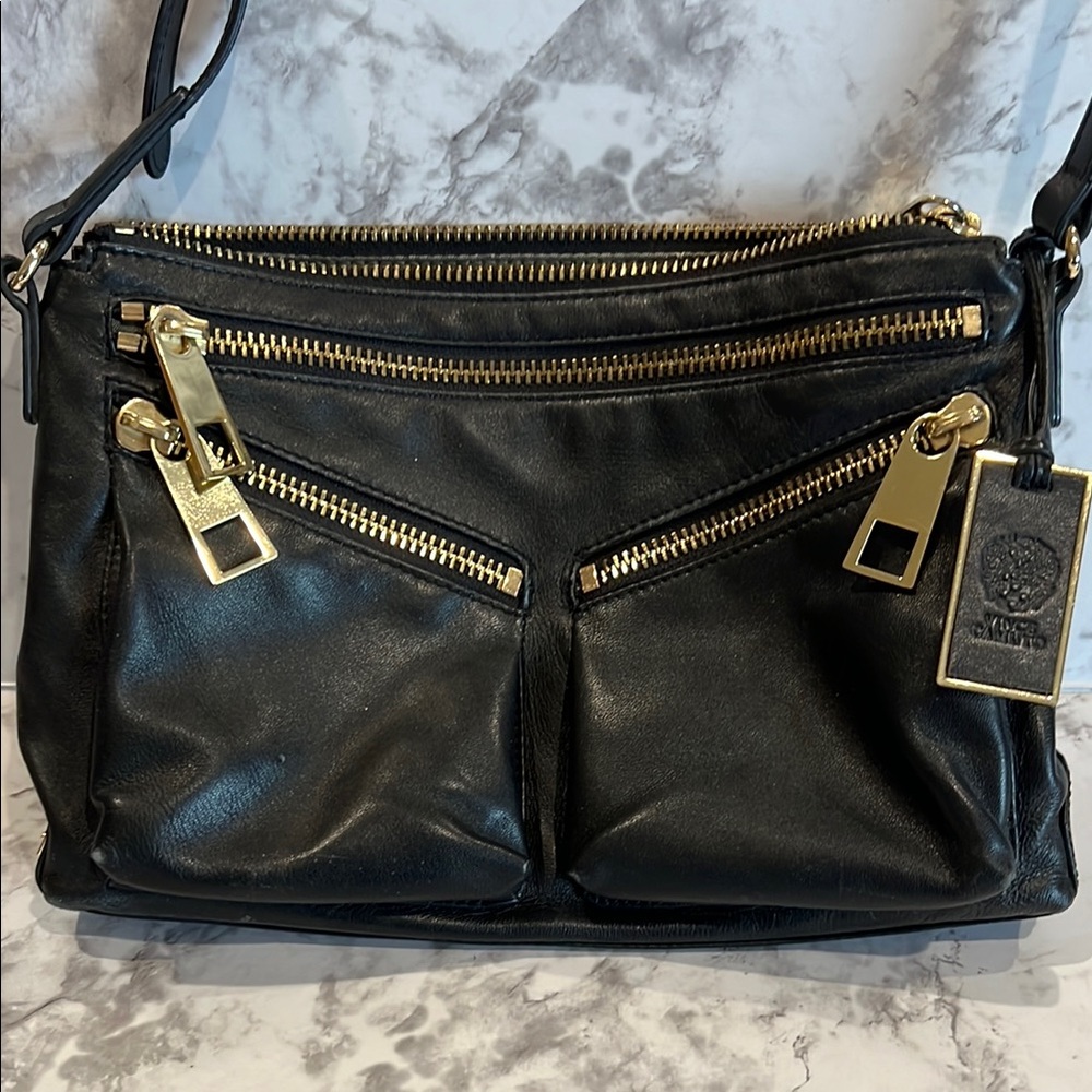 Vince Camuto Black and Gold Crossbody Bag with V-Shaped Zipper Design